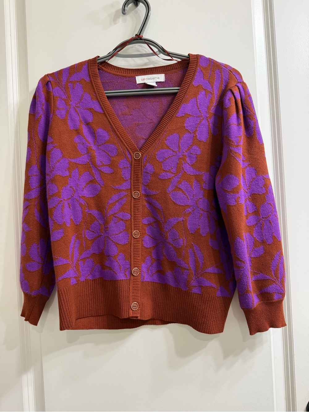 Liz Claiborne Rust and Purple Floral V-Neck Button Cardigan
